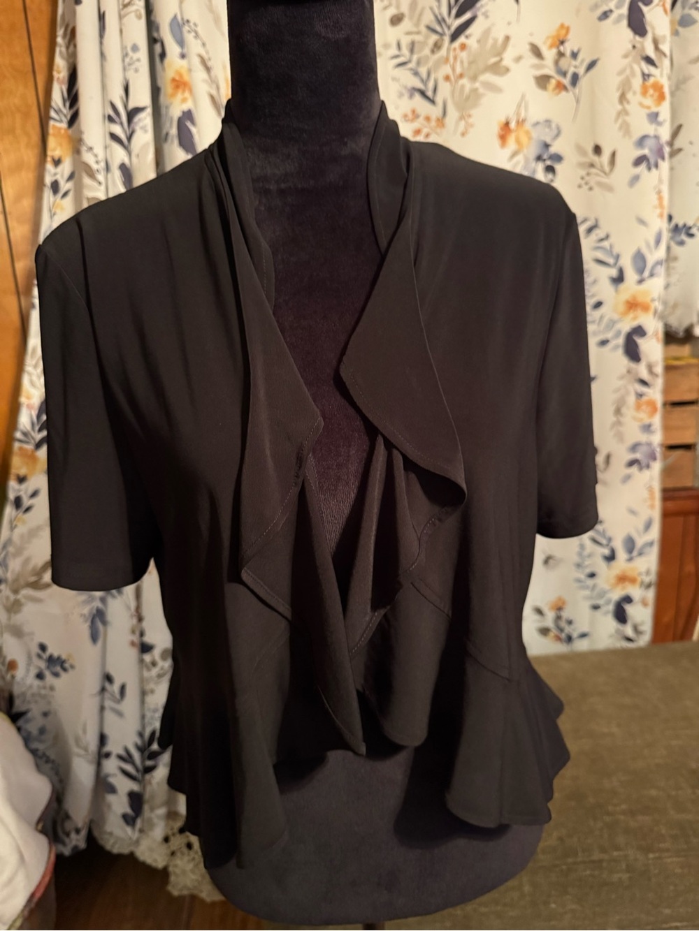 R & M Richards Black Layered Ruffle Short Sleeve Cardigan